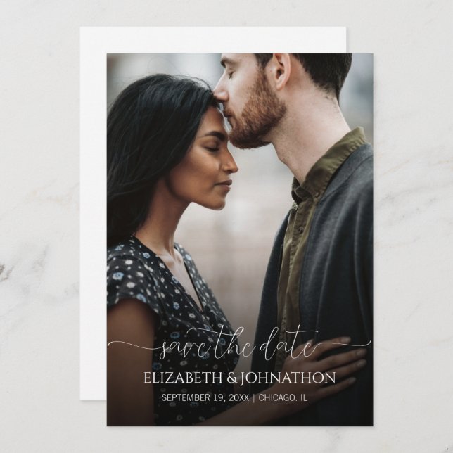 Einfache Minimal-Script Schwarz-Weiß-Foto-Hochzeit Save The Date (Vorne/Hinten)