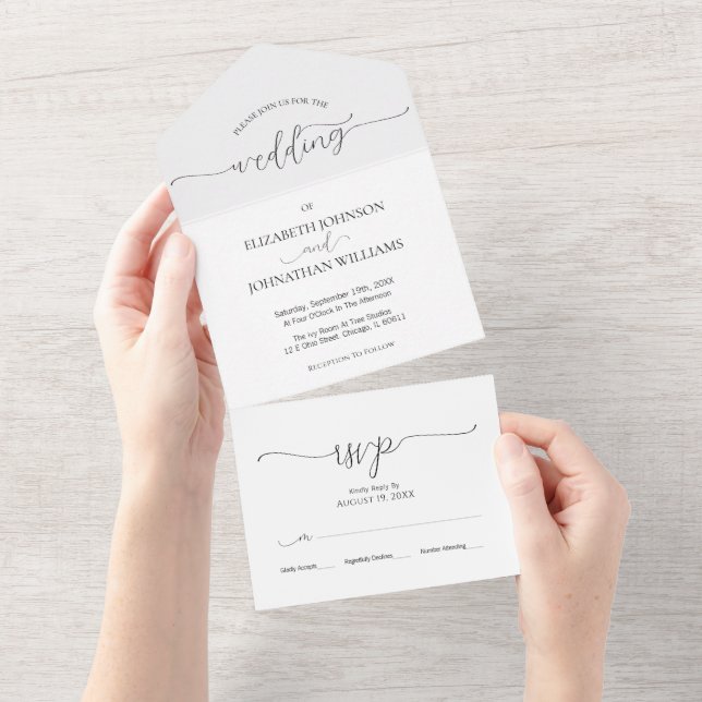 Einfache Minimal-Script Schwarz & Weiß Hochzeit All In One Einladung (Abreißen)