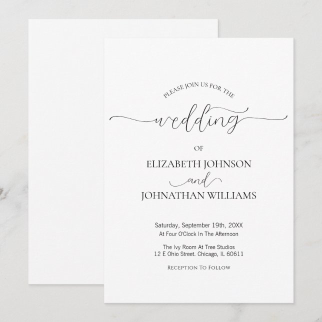 Einfache Minimal-Script Schwarz & Weiß Hochzeit Einladung (Vorne/Hinten)