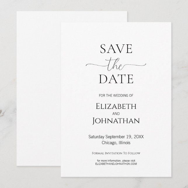 Einfache Minimal-Script Schwarz & Weiß Hochzeit Save The Date (Vorne/Hinten)