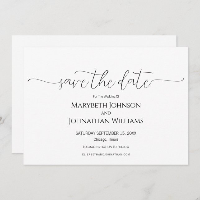 Einfache Minimal-Script Schwarz & Weiß Hochzeit Save The Date (Vorne/Hinten)