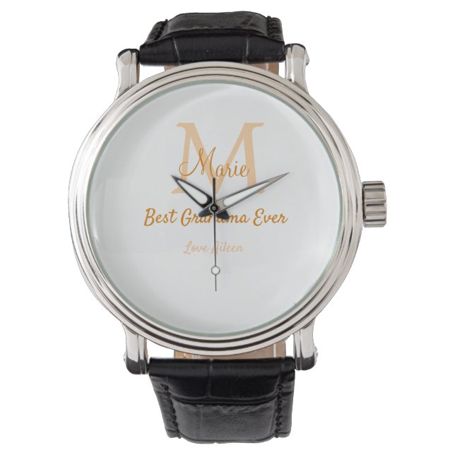 einfache minimale Bestform Orangenmonogramm Armbanduhr (Vorderseite)