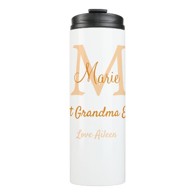 einfache minimale Bestform Orangenmonogramm Thermosbecher (Vorderseite)