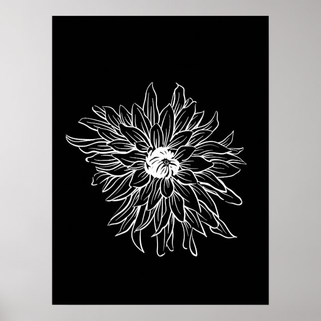 Einfache Minimale Blume mit Blumenmuster Schwarz-w Poster (Vorne)