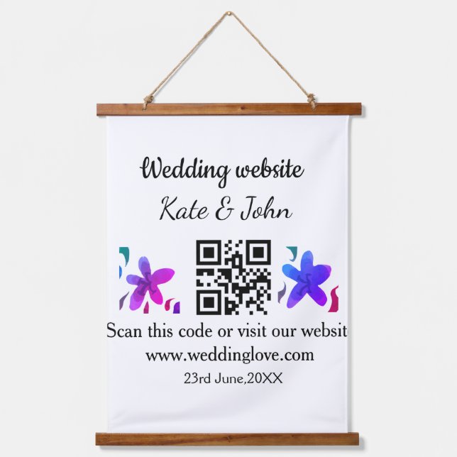 Einfache minimale Hochzeitswebsite Q R Code hinzuf Wandteppich Mit Holzrahmen (Vorderseite)
