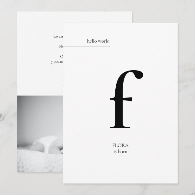Einfache minimale moderne Monogram Foto Baby Birth Ankündigung (Vorne/Hinten)