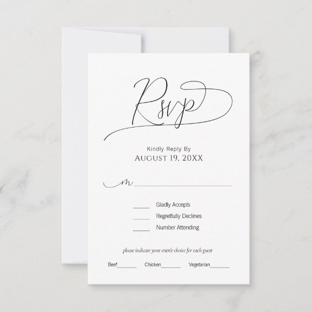 Einfache minimale Skripte Schwarz & Weiß Hochzeit  RSVP Karte (Vorderseite)