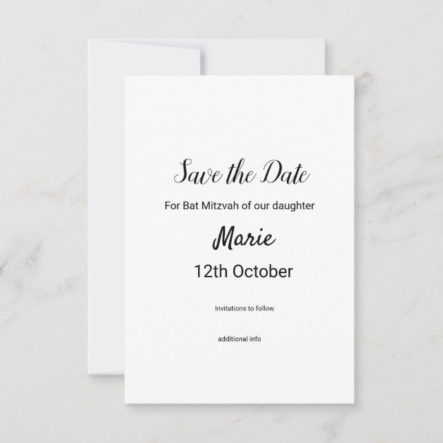 einfache minimale weiße schwarze klassische Bar Mi Save The Date (Vorderseite)