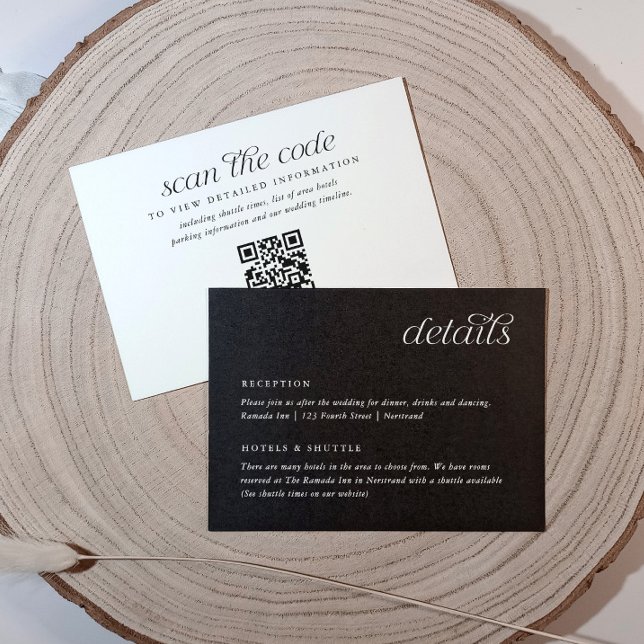 Einfache Minimalistische Angaben zur Hochzeitsinfo Begleitkarte (Wedding information card - modern, minimalist, simple and elegant black with white text and qr code)