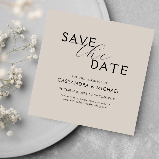 Einfache Minimalistische Beige- und Schwarz-Script Save The Date (Von Creator hochgeladen)