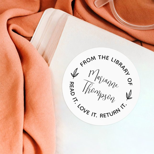 Einfache Minimalistische Blätter Script Round Libr Runder Aufkleber (Von Creator hochgeladen)