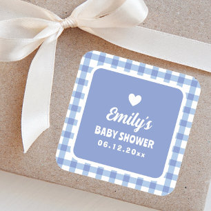 Einfache minimalistische blaue Gingham-Jungen-Baby Quadratischer Aufkleber