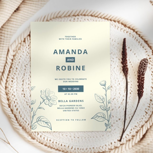 Einfache Minimalistische Blauer Blumenhochzeit Einladung (Von Creator hochgeladen)