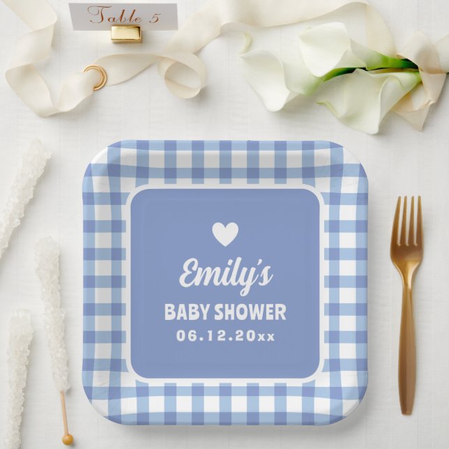 Einfache Minimalistische Blue Gingham Boy Baby Dus Pappteller (Hochzeit)