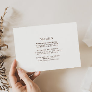 Einfache minimalistische braune Hochzeitsdetails Begleitkarte