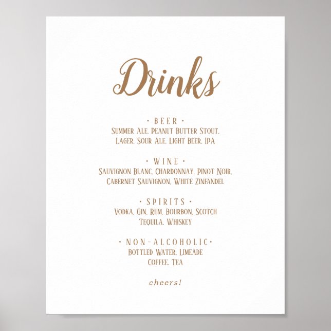 Einfache Minimalistische|Gold Wedding Drinks Menü  Poster (Vorne)