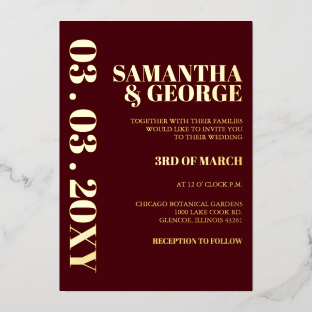 Einfache Minimalistische Hochzeit in Burgund Folieneinladung (Vorderseite)