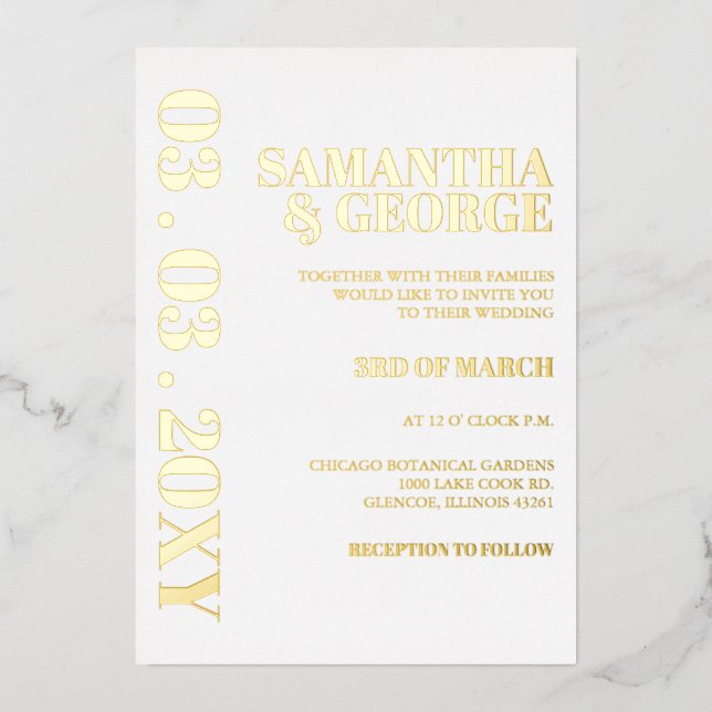 Einfache Minimalistische Hochzeit in Weiß und Gold Folieneinladung (Vorderseite)