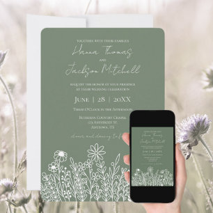Einfache Minimalistische Hochzeit mit grünen Wildb Einladung