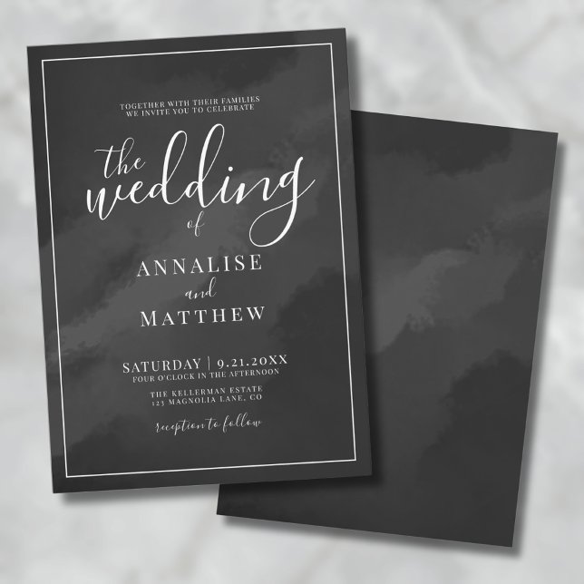 Einfache Minimalistische Hochzeit Watercolor Einladung (Simple Minimalist Elegant Watercolor Black Wedding Invitation)