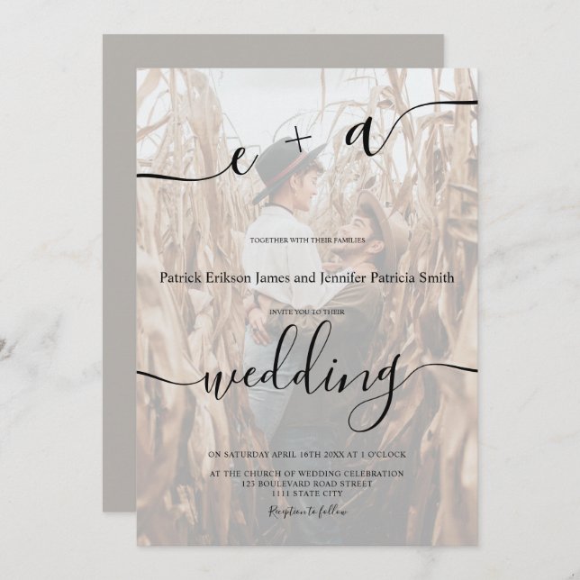 Einfache minimalistische Initialen Script Foto Hoc Einladung (Vorne/Hinten)