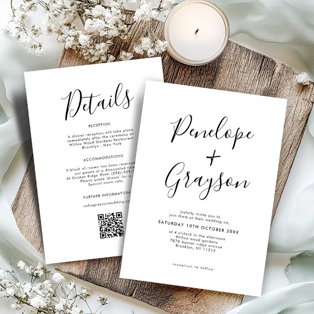 Einfache Minimalistische, moderne Hochzeit mit sau Einladung (Simple Minimalist Modern Clean Calligraphy all in one Wedding Invitation)