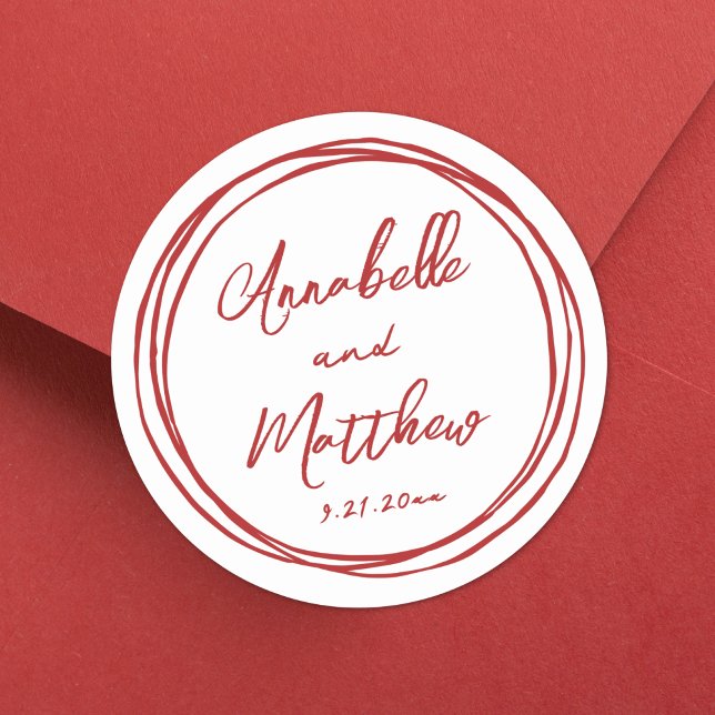Einfache Minimalistische Namensauflösung Runder Aufkleber (Simple Minimalist Names Red Hand Drawn Wedding Classic Round Sticker)