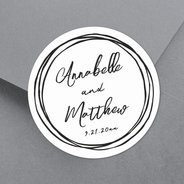Einfache Minimalistische Namensauflösung Runder Aufkleber (Simple Minimalist Names Red Hand Drawn Wedding Classic Round Sticker)