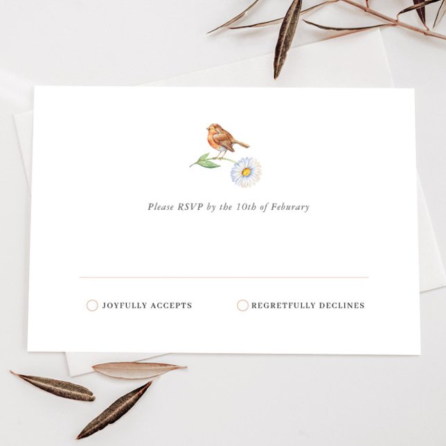 Einfache Minimalistische Natur Bird Daisy RSVP Kar Karte (Von Creator hochgeladen)
