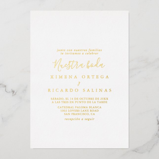 Einfache Minimalistische Nuestra Boda Wedding Folieneinladung (Vorderseite)