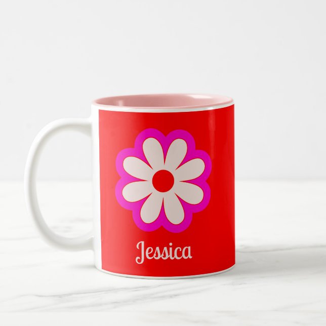 Einfache Minimalistische Retro-Blume mit Name Red& Zweifarbige Tasse (Links)