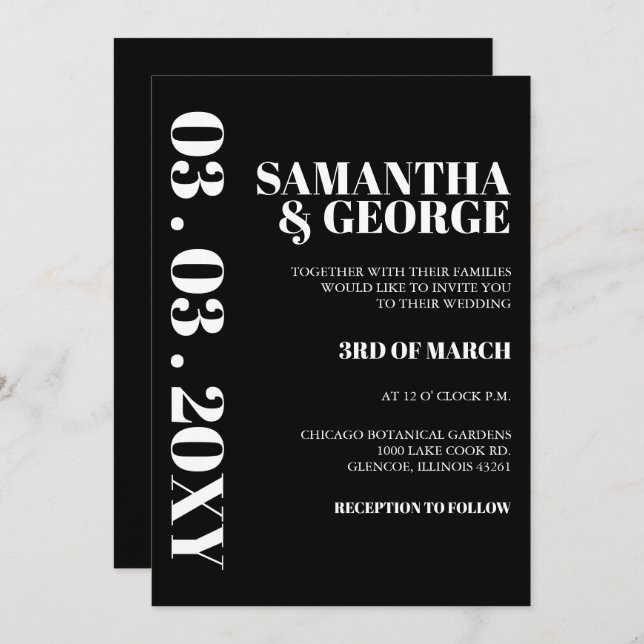 Einfache Minimalistische Schwarz-Weiß-Hochzeit Einladung (Vorne/Hinten)