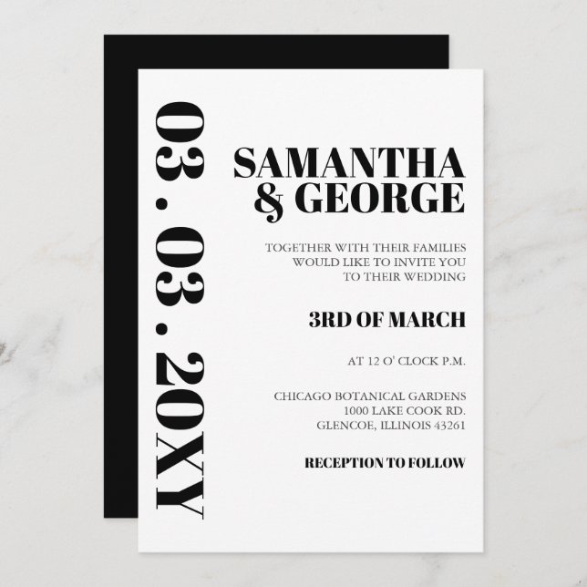 Einfache Minimalistische Schwarz-Weiß-Hochzeit Einladung (Vorne/Hinten)