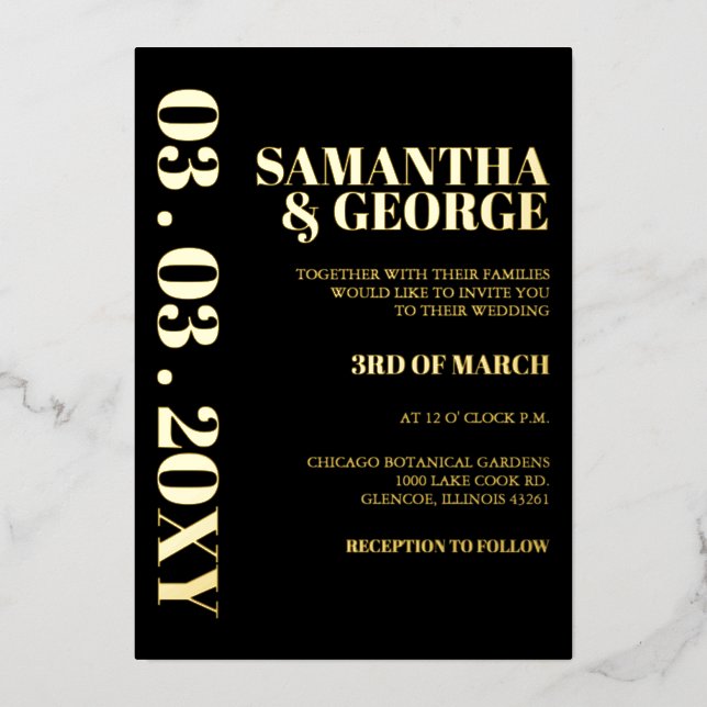 Einfache Minimalistische Schwarz-Weiß-Hochzeit Folieneinladung (Vorderseite)