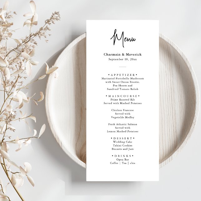 Einfache Minimalistische Schwarz-Weiß-Hochzeit Menükarte (Von Creator hochgeladen)