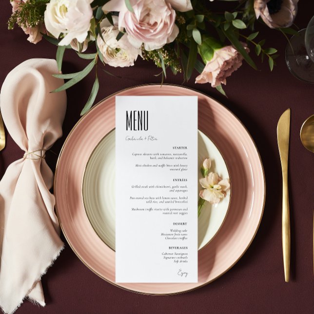Einfache Minimalistische Schwarz-Weiß-Hochzeit Menükarte (Von Creator hochgeladen)