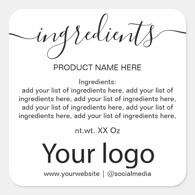 Einfache Minimalistische Schwarz-Weiß-Inhaltsstoff Quadratischer Aufkleber (Vorderseite)