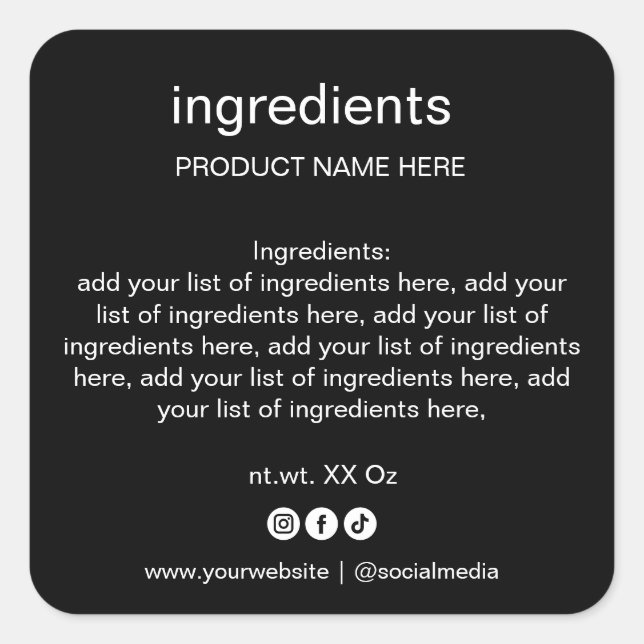 Einfache Minimalistische Schwarz-Weiß-Inhaltsstoff Quadratischer Aufkleber (Vorderseite)