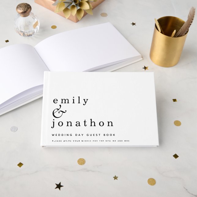 Einfache Minimalistische Schwarz-weiße Hochzeit Gästebuch (Vorderseite Offen)