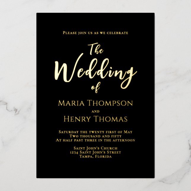 Einfache Minimalistische schwarze Skriptkalligrafi Folieneinladung (Vorderseite)