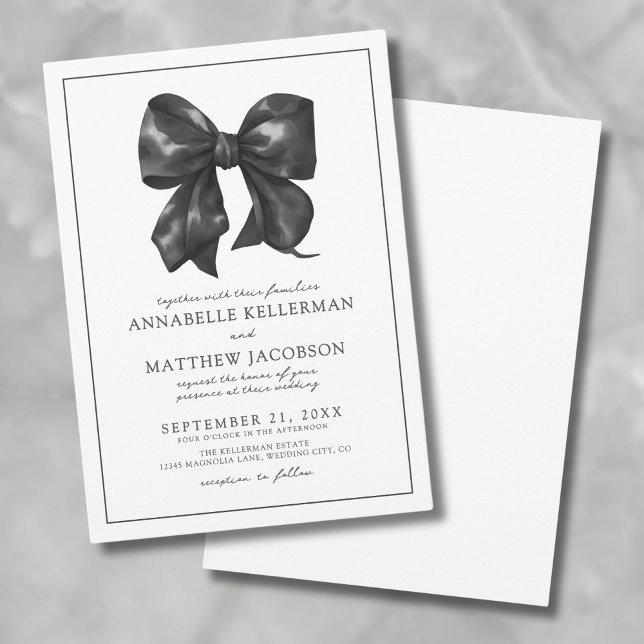 Einfache Minimalistische Schwarzwurzel-Hochzeit Einladung (Simple Minimalist Watercolor Black Bow Wedding Invitation)