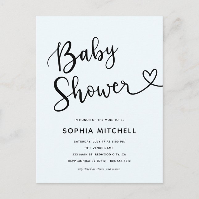 Einfache Minimalistische Script Heart Baby Dusche Postkarte (Vorderseite)
