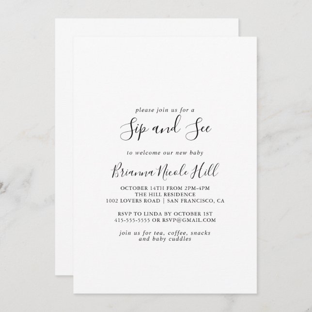 Einfache Minimalistische Sip and See Einladung (Vorne/Hinten)