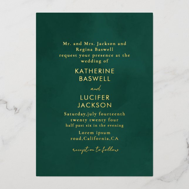 Einfache minimalistische Smaragdgrüne Hochzeit Gol Folieneinladung (Vorderseite)