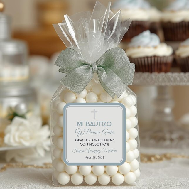 Einfache Minimalistische Taufe und erster Geburtst Quadratischer Aufkleber (Von Creator hochgeladen)