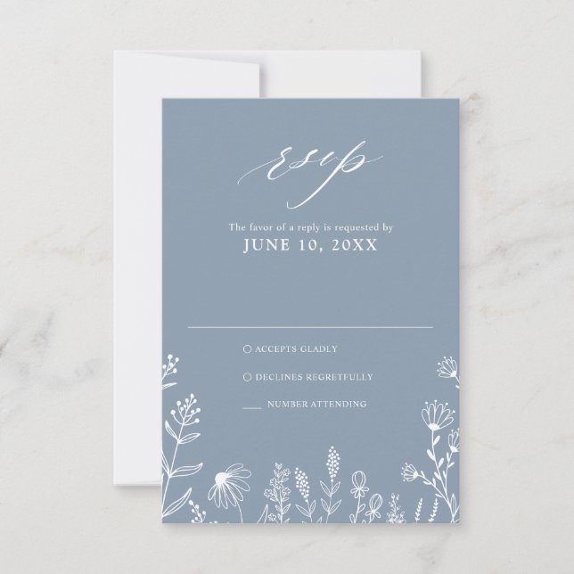 Einfache Minimalistische Wildblume Dusty Blue Wedd RSVP Karte (Vorderseite)