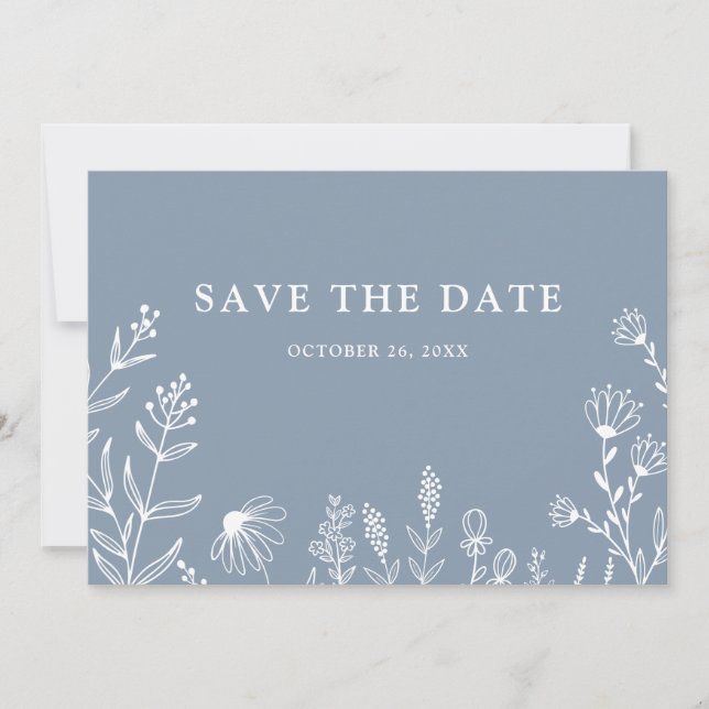 Einfache Minimalistische Wildblume Dusty Blue Wedd Save The Date (Vorderseite)