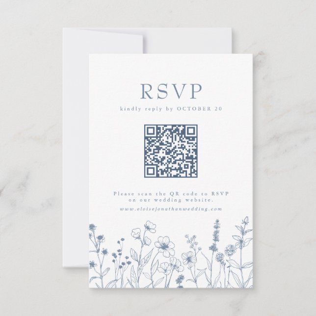 Einfache Minimalistische Wildblume QR-Code RSVP Karte (Vorderseite)