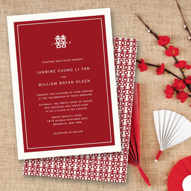 Einfache Minimalistische Zweitglücksszenierung Chi Einladung (Modern Minimalist Red/Ivory Double Happiness Chinese Wedding Invitation @ fatfatin_red_knot)