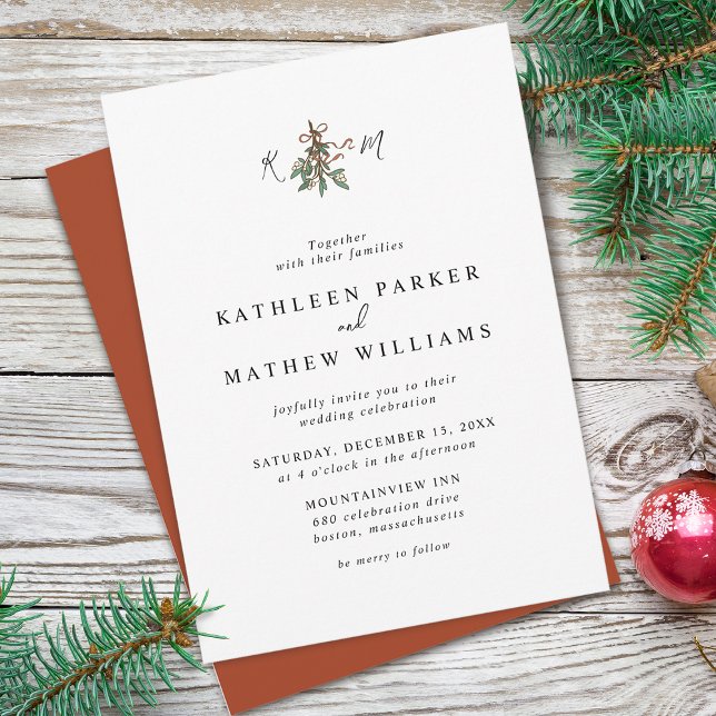 Einfache Mistletoinitialen Hochzeit Einladung (Mistletoe Initials Holiday Wedding Invitation)